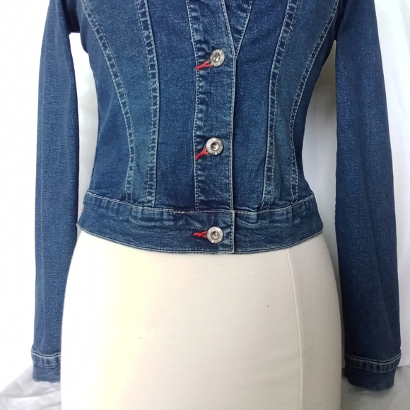 Women's Vintage eckored Y2K Button Up Denim Jean Jacket Retro Fitted Style - Picture 4 of 16